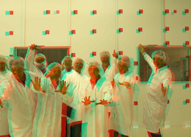 Members of the Mars 2020 Perseverance rover Mastcam-Z hardware development group ham it up in 3-D during testing of the ASU Mastcam-Z simulator system.