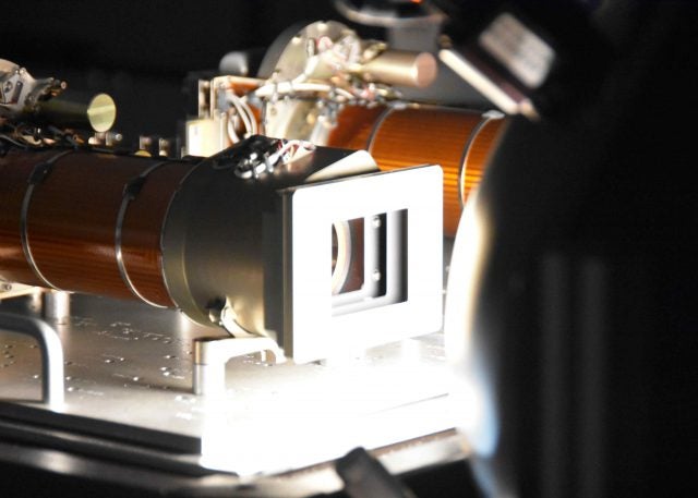Close-up view of one of the Mastcam-Z flight cameras looking into a bright “integrating sphere” light source in the clean room at Malin Space Science Systems as part of the camera calibration activities in May, 2019.