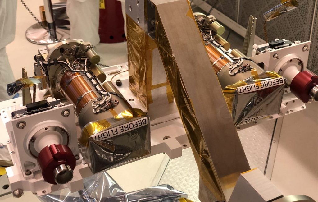 Left and right Mastcam-Z camera heads after integration into the Perseverance rover’s remote sensing mast (RSM) at JPL, June 2019.