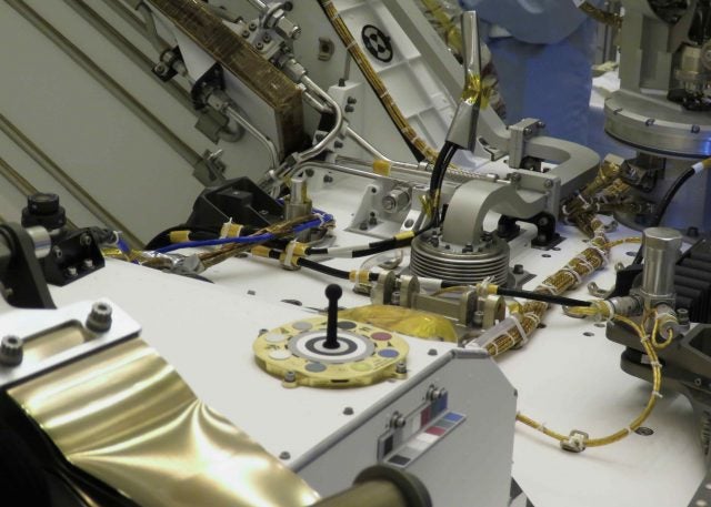 Closeup of the Mastcam-Z primary and secondary color and grayscale calibration targets, mounted on the deck of the Mars 2020 mission’s Perseverance rover during final close-out testing at the Kennedy Space Center in April, 2020.